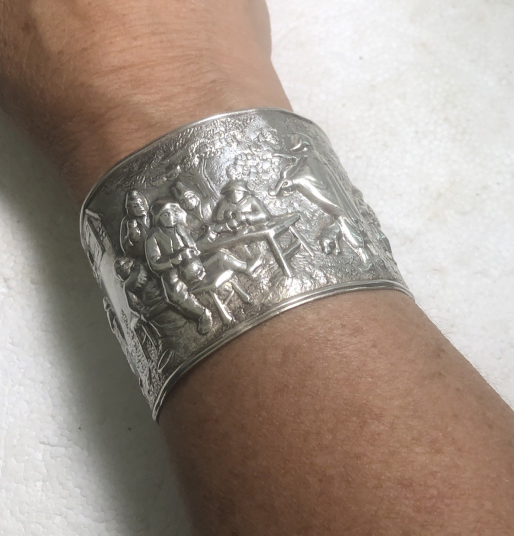 Vtg Cuff Bracelet Hans Jensen Denmark Tavern scene Repousse' Silverplated Boho